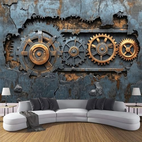 Fotomurales 352×250cm Pared Metal Papel Pintado Tejido No Tejido, Steampunk Industrial Fotomural Efecto 3D Papel Tapiz XXL Decorativos pared Murales Gris Póster para Dormitorio Salón