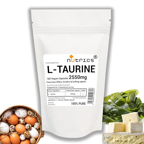 Nutrics® 2550mg (per Serving) L Taurine 180 V Capsules 850mg (per Capsule) 100% Pure - Free from fillers Binders & Bulking Agents - Vegan Vegetarian - L-Taurine Supplement (180 V Capsules)