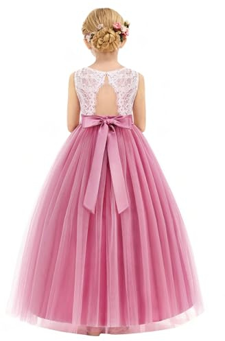 Uleecca Flower Girls Dress Wedding Girl Lace Princess Dresses Sleeveless Back Hollow Birthday Party Formal Ball Gown (US, Age, 6 Years, 7 Years, Dusty Pink)