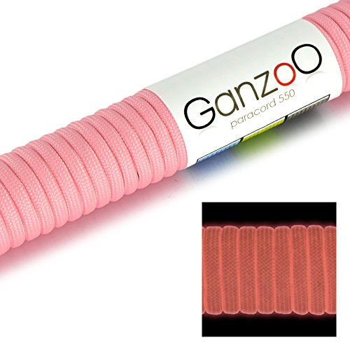 Ganzoo paracorde 550 Fluorescente gainee en Nylon Rose Pale, Longueur 31 m, 4 mm, 7 brins, Lueur 2-5 h Apres Charge Lumineuse, haubanage abri tarp, Cordon pour Noeuds et Fixation, Non pour Escalade