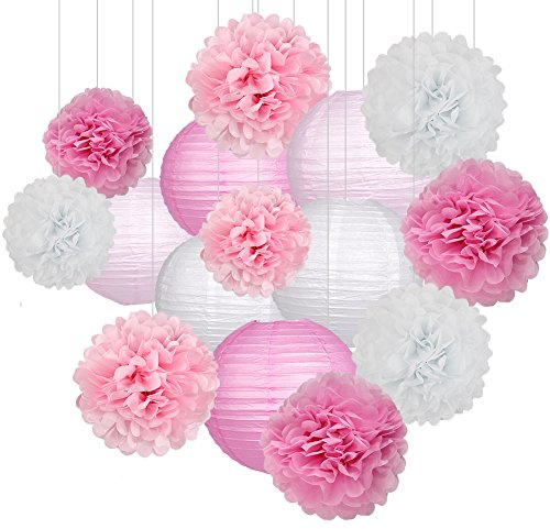 15Pcs Party Pack Paper Lanterns and Pom Pom Balls Hanging Decoration for Wedding Birthday Baby Shower-Pink/White