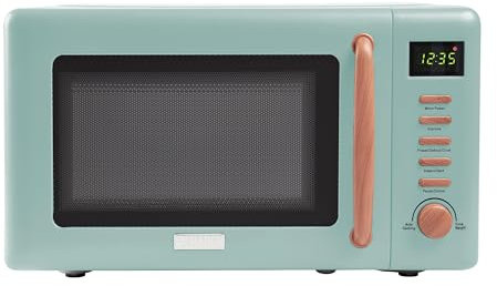 Haden Dorchester Green Microwave Oven - 20L 800W Microwave, Digital Controls, 5 Power Levels - Ideal Countertop Microwave with Wood Effect Finish, Small Kitchen Space