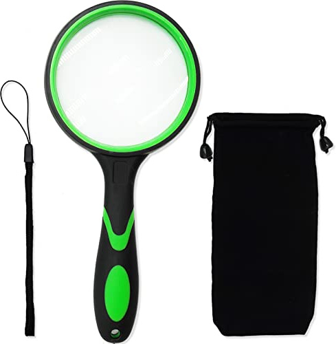 Magnifying Glass 10X, Handheld Reading Magnifier Set with Hanging Rope and Storage Bag Rubber Handle, 75mm Magnifying Lens Handheld Magnifying Glass for Observation Reading Book Fault Finding Green