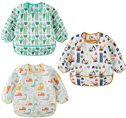 Yealoo 3 Pcs de Babero con Mangas Impermeable Baberos de Alimentación para Bebés con Mangas Largas 3-30 Meses (Cactus/Dinosaurio/Explorador)