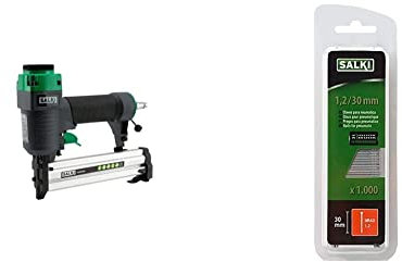 salki Clavadora Neumática Grapa 90 y Brad AX, Metal, l & Clavos BRAD AX 1,2 - Blister de 1000 Unidades, Clavos con Cabeza de 30mm de Longitud para Grapado Neumático, Metal, L