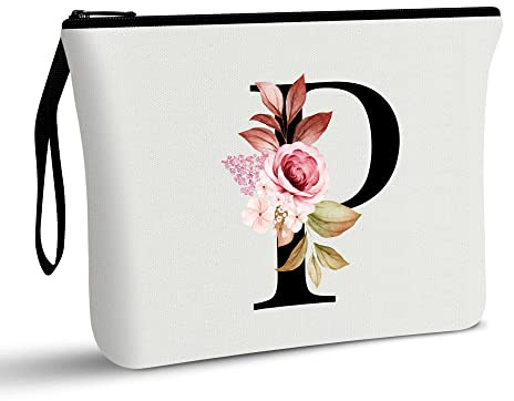 A-Z Personalized Makeup Bag, Birthday Gifts for Women Mom Bridesmaid (P) | Initial Gifts for Best Friend, Bride Girls, Cosmetic Bag