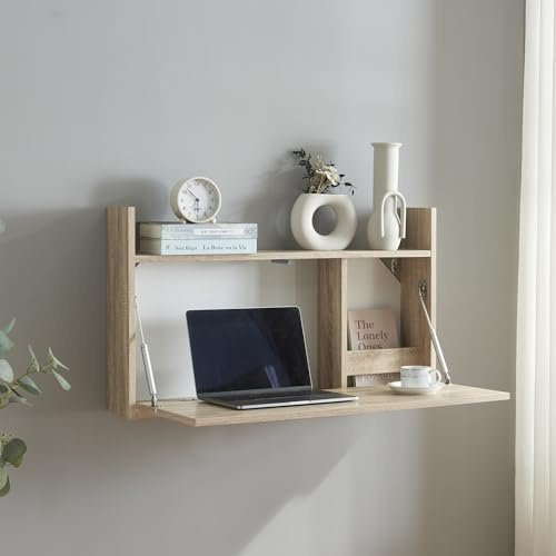 [en.casa] Wall folding table Rautalampi Folding table with shelf and 2 compartments Folding desk Wall table Folding desk for wall mounting White oak look 83 x 48 x 14.5 cm