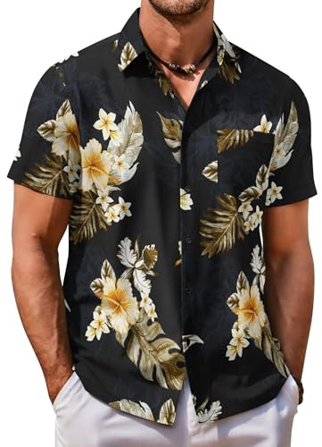 COOFANDY Mens Casual Button Down Shirts Hawaiian Floral Shirts Short Sleeve Summer Top Flower-Black