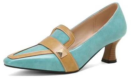 Women's Stacked Kitten Low Heel Studded Loafers,Ladies Fashion Dressy Casual Business Office Pointed Toe Slip on Comfortable Memory Foam Vintage Holiday Going Out Shoe (Blue,7.5)