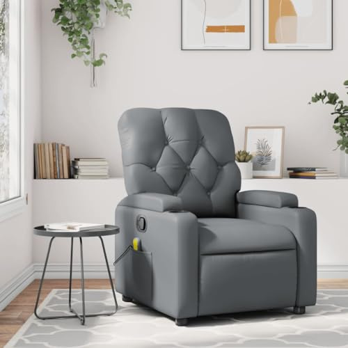 Homgoday Massagefåtölj, TV-fåtölj, relaxfåtölj, vilstol, TV-fåtölj, stoppad fåtölj, med manuell liggfunktion, justerbart ryggstöd, för vardagsrum, grått konstläder