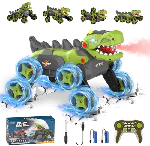 Dinosaurie fjärrstyrd bil, 8WD monsterTruck fjärrstyrd från 4 5 6 7 8 9 10 år, 2,4 Ghz RC bil med 360° rotation/spray/ljus/brylle, dinosaurieleksak, gåva från 3–12 år pojkar, grön