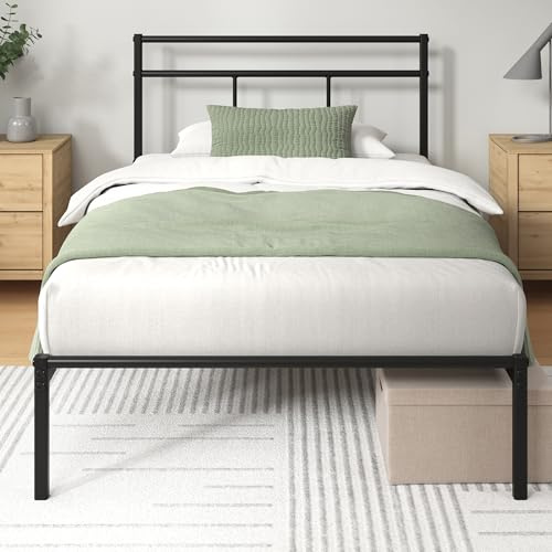 Zinus Elias Sommier 90x190 cm avec Lattes en Métal - Cadre & Tête de Lit 1 Personne en Métal - Hauteur 30 cm pour Rangement - Montage Facile - Noir