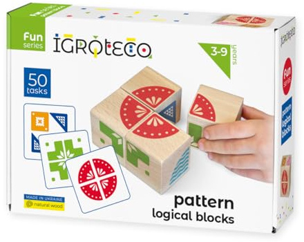 Igroteco® Dados Lógicos de Madera para Niños a Partir de 3 años – Juego Educativo con 4 Dados y 50 Patrones para Desarrollo de Pensamiento Lógico y Creatividad