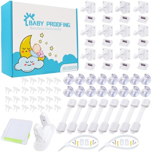 66-pack babysäkringssats inklusive 12 dolda skåplås, 8 justerbara säkerhetslåsar, 26 utloppsskydd, 20 babysäkra hörn, 2 anti-spets möbelankarkit, 1 dörrlås etc.