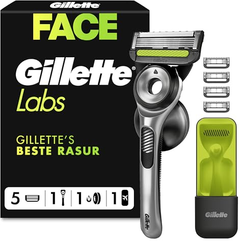Gillette Labs Rasoio a Mano Libera con Barra Esfoliante e Lamette di Ricambio, 1 Manico + 5 Lamette Gillette Labs di Ricambio, Include Gancio da Parete e Custodia da Viaggio