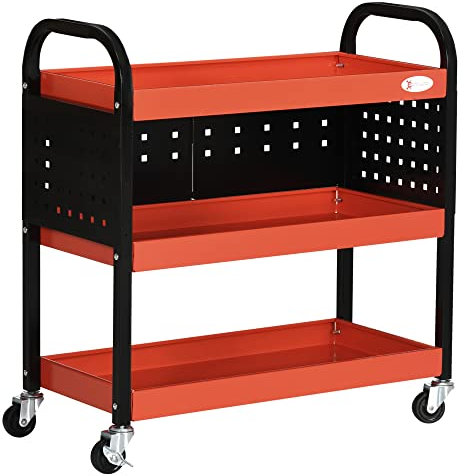 DURHAND Carro de Taller Carro de Herramientas con 3 Estantes Ruedas y Paneles Perforados para Garaje Mecánico Hogar Carga 100 kg Rojo y Negro