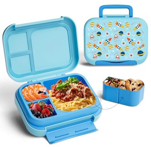 Zuhose Kids Bento Lunch Box, 5-Compartment Leakproof Container with handle Movable Snack Box BPA-Free, Dishwasher & Microwave Safe Utensils Included for Kids/Adults | School, Office & Travel | Blue