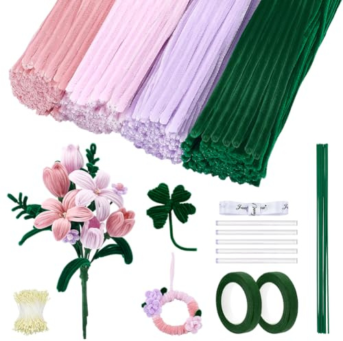 Peacoblue Juego de 400 limpiadores de pipas con alambre de flores y cinta de alambre de jardín, tallos de chenilla, limpiador de pipas para hacer ramo de tulipanes