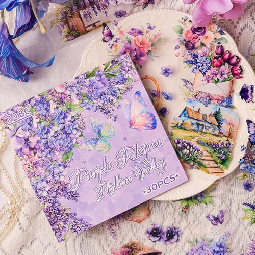 ZHIJIANHZ Floral Stickers Set,30 Sheets Purple Waterproof PET Clear Flower Stickers for Scrapbooking Journaling Bullet Journal Junk Journal Supplies