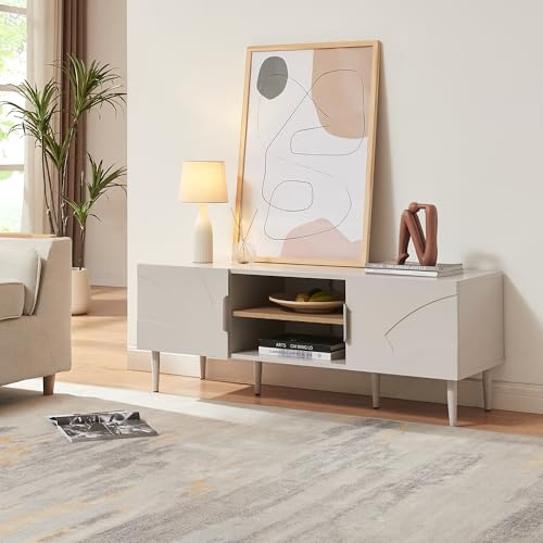 [en.casa] Meuble TV Support Télé avec 2 Compartiments de Rangement Ouverts et 2 Portes Passages de Câbles Intégrés Stable Élégant Salon Chambre Moderne Acier MDF 120 x 40 x 45 cm Beige