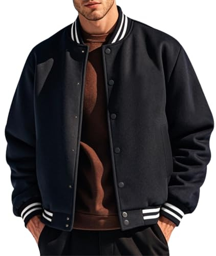 Oanviso Blousons Homme Veste Baseball Unisexe Blouson Bombardier Hiver Automne Hiphop Manches Longues Jacket avec Boutons A Noir L