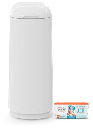 Diaper Genie Essence Pail, White with 18 Easy Roll Refill Bags