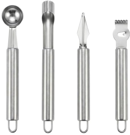 YIPFEN Set 4 in 1 Scavino per Melone, Svuotamele, Levatorsoli, Coltello Decorativo per Frutta, Utensile da Cucina in Acciaio Inossidabile per Creare Sfere