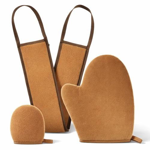 Juego de 3 guantes autobronceadores, guantes de bronceado, loción bronceadora, aplicador para la espalda, sin rayas, resultados de bronceado profesional
