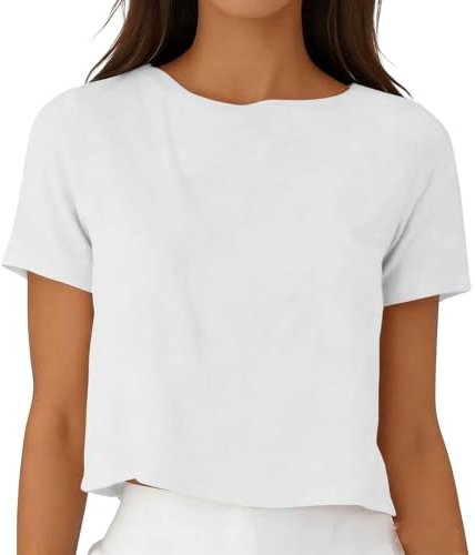 Womens Linen Crop Tops UK - Cute Summer Short Sleeve Cropped T-Shirt Casual Cotton Linen Shirts Loose Crewneck Blouses Plain Tshirts Breathable Lightweight Shirt Going Out Streetwear