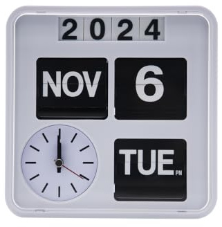 OUSEITECH Retro Modern Flip Clock Calendar, Desk & Wall Dual Use, 7.08 inch Square with Year Month Date Day Week Display, Home Office Decor, No Battery Included (18cm white)