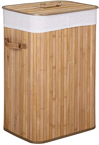 BAKAJI Cesta de lavandería sucia para casa de madera de bambú y tela, caja plegable, ahorro de espacio con tapa y asas, capacidad 70 l, dimensiones 40 x 30 x 60 cm (natural)