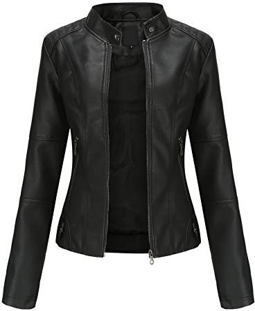 YYNUDA Lederjacke Damen Kurz Jacke Übergangsjacke aus Kunstleder mit Reißverschluss für Herbst（Schwarz XL）