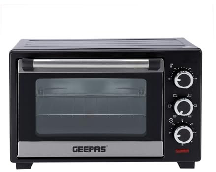 GEEPAS 30L Mini Oven & Grill | Electric Oven with Rotisserie Baking Roasting Grilling | 1600W Temp Control 100–230°C Double Glass Door 60min Timer Auto Shut Off Bell Compact for Dorm Caravan Kitchen