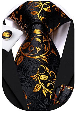 Hi-Tie Herren Krawatte Schwarz Paisley/Plaid/Streifen/Einfarbig Krawatten Set Einstecktuch Manschettenknöpfe Business Formal Hochzeit Meeting Geschenkbox,Orange und schwarz