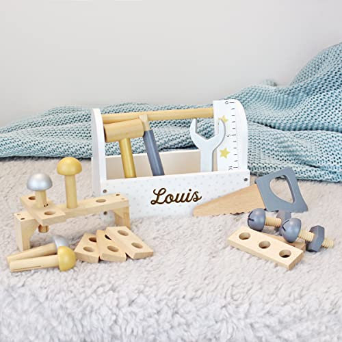 Werkzeugkiste aus Holz für Kinder I Holzkiste mit Personalisierung I mit Hammer, Säge, Lineal, Schrauben...usw. I 23 x 12 x 16,5 cm I Altersempfehlung: 3+