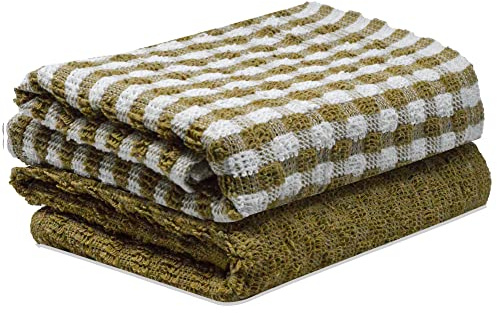 2 Pack Kitchen Towel Cotton Terry Tea Towels Brown/White Monocheck Super Absorbent Dish Drying Cleaning Cloths 35x65cm (Brown, 2)