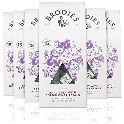 Brodies - Earl Grey With Cornflower Petal Tea in Biodegradable Pyramid Bags - 100% Natural Eco-Friendly and Sustainably Sourced - 6 Boxes Of 15 Tea Bags - Total Of 90 Plastic Free Pyramid Teabags