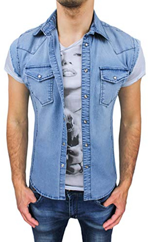 Evoga Smanicato Camicia Jeans Uomo Slim Fit Blu Denim Casual Estiva Senza Maniche (XL, Blu Denim Jeans)