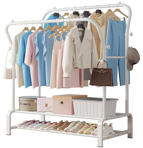 SMILOVII Kleiderständer, Multifunktional Garderobenständer, Freistehender Doppelruten Kleiderbügel für schlafzimmer Kleiderständer, Stabil Kleiderstange mit 8 Haken und 2 Schuhregal metall, weiß