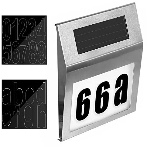 Hausnummer beleuchtete Solar 2 LEDs, Aicharynic Edelstahl Solar Hausnummernleuchte Solarhausnummer LED mit Dämmerungsschalter IP65 Wasserdicht, mit Nummern 0-9 & Buchstaben A-Z LED Wandleuchte