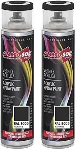 Ambro-Sol - Pintura acrílica en spray, color Negro Mate, RAL 9005, resultado profesional en múltiples superficies, exteriores e interiores, 600 ml (Paquete de 2)
