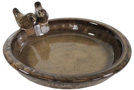 colourliving | Vogeltränke Winterfest rund 30 cm | Noble Keramik glasiert | Vogelbad mit 2 Deko Vögel | Vobelbecken Garten (Macchiato)