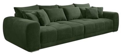 Big Sofa XXL B306/T134/H86 cm, bequeme Lounge Couch mit hochwertiger Federkernpolsterung, viele Kissen, Liegefläche 120 cm x 240 cm, modischer Cordstoff-Bezug in Grün / 15172