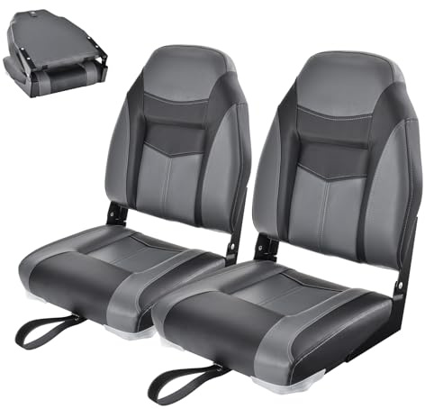 HOMASIS Lot de 2 Sièges de Bateau Pliables Avec Dossier Haut, Étanches, Avec Sangle de Fixation - 44,5 x 50 x 60 cm, Noir et Gris