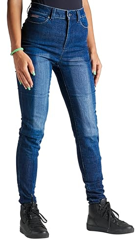 Bikers Gear Australia BGA - Pantalones vaqueros de motocicleta para mujer, pantalones de moto Kevlar, elásticos, lavado a la piedra, con armadura extraíble para cadera y rodilla, azul, 42