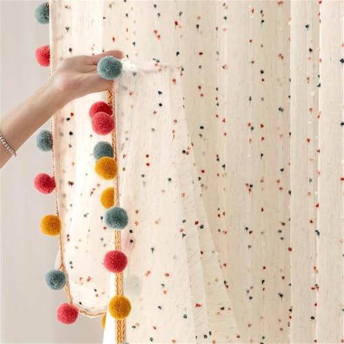 Durchsichtiger Boho-Vorhang mit bunten Bommeln, Voile, lichtfilternd, Kunstleinen, gestreift, Pompon, Stange, Tasche, Fenstervorhänge für Jungen/Mädchen, Schlafzimmer/Kinderzimmer, 2 Paneele (B 107 x