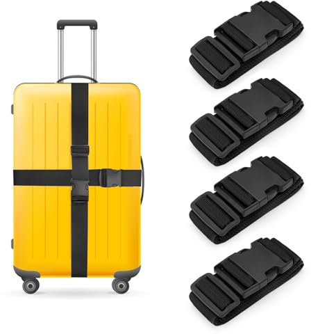 4 Stück Koffergurt Set, Verstellbare Kofferband mit Adressschild Koffergurt Kofferband Gepäckband Sicher Reisen Koffer Kofferbänder Gepäckgurte Kreuz Sicherheitsgurt Luggage Strap (Schwarz)