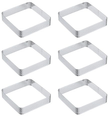 sourcing map 6pcs Square Perforated Cake Rings 3.5 x 3.5 Inch Stainless Steel Cake Pastry Mousse Ring Molds for DIY Cake Dessert Mousse Pastries Baking, Silver Tone