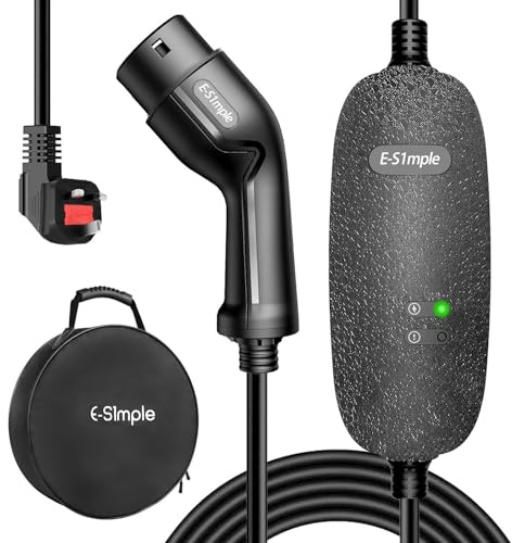 E-S1mple EV Charger Cable Type 2 to 3 Pin Plug 10M / 3KW / 13A / 3 Pin Plug EV Charger With LED Indicators, type 2 charging cable 3 pin Electric Car Charger IP65 Waterproof for EVs & PHEV