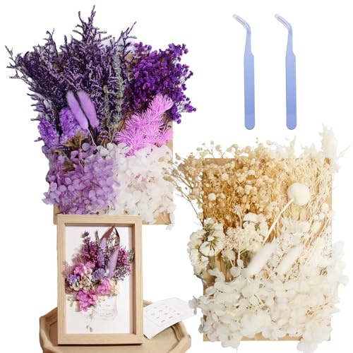Real Dried Flowers for Resin 2 Pack, Natural Pressed Flowers(White Purple) | Natural mixed dried flower pack with tweezers for DIY resin crafts, jewelry & candles.
